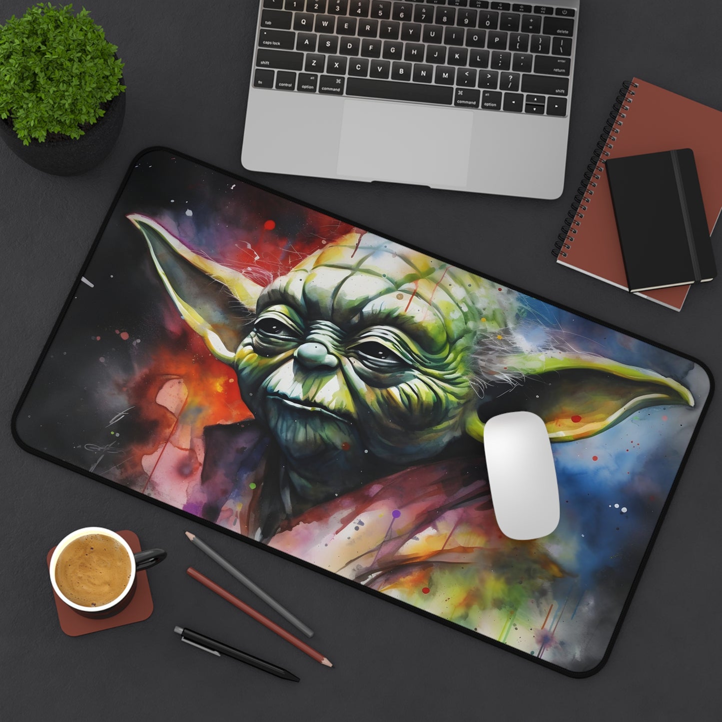 "Yoda Neon Watercolor Desk Mat - Vibrant Star Wars Office Decor"