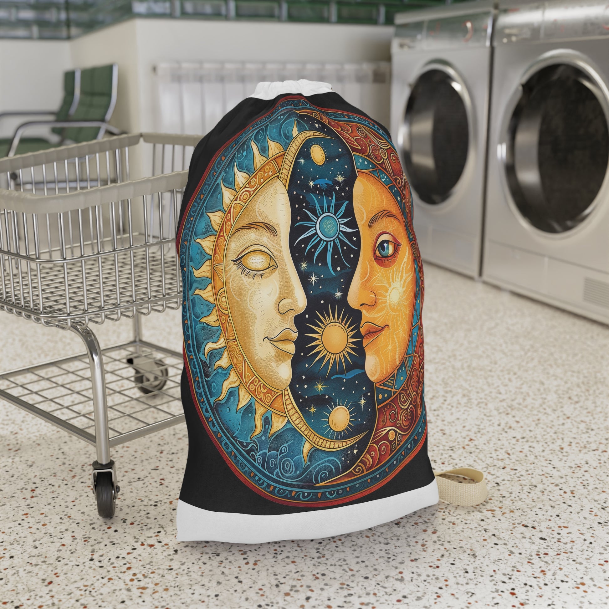 "Boho chic Mandala Sun & Moon laundry bag for stylish laundry transport"