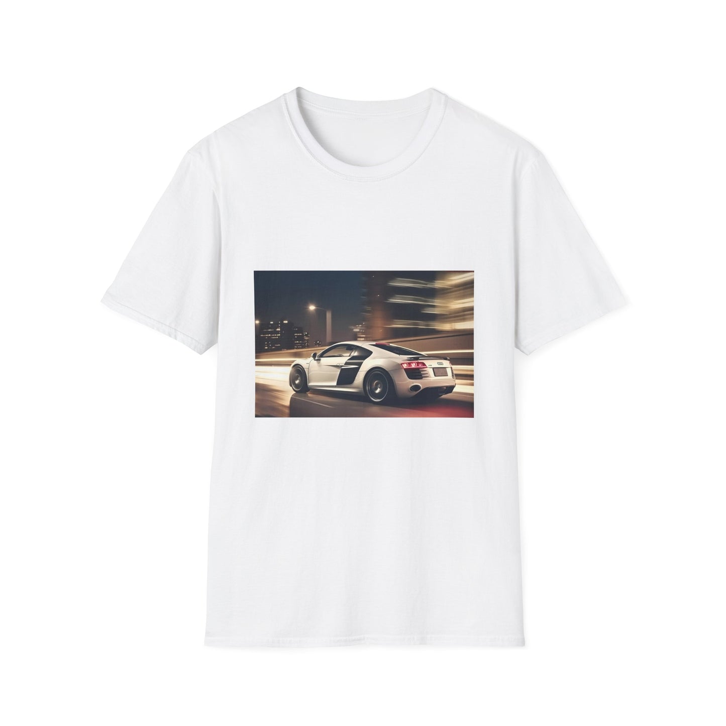 Alt text: "Vibrant Audi R8 racing t-shirt design capturing the essence of speed and adrenaline rush"