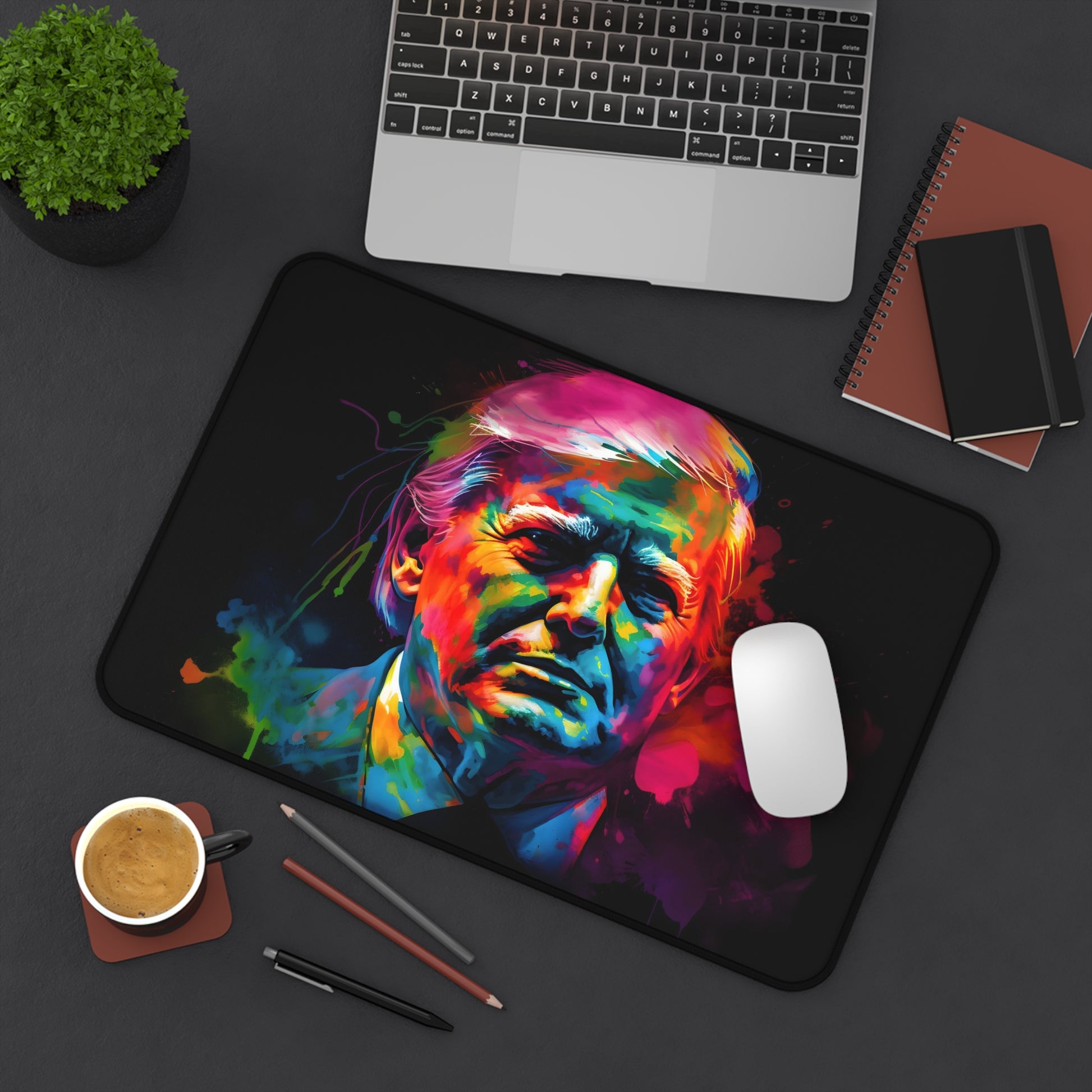 "Trump Neon Desk Mat - Vibrant watercolor design for a stylish workspace upgrade"