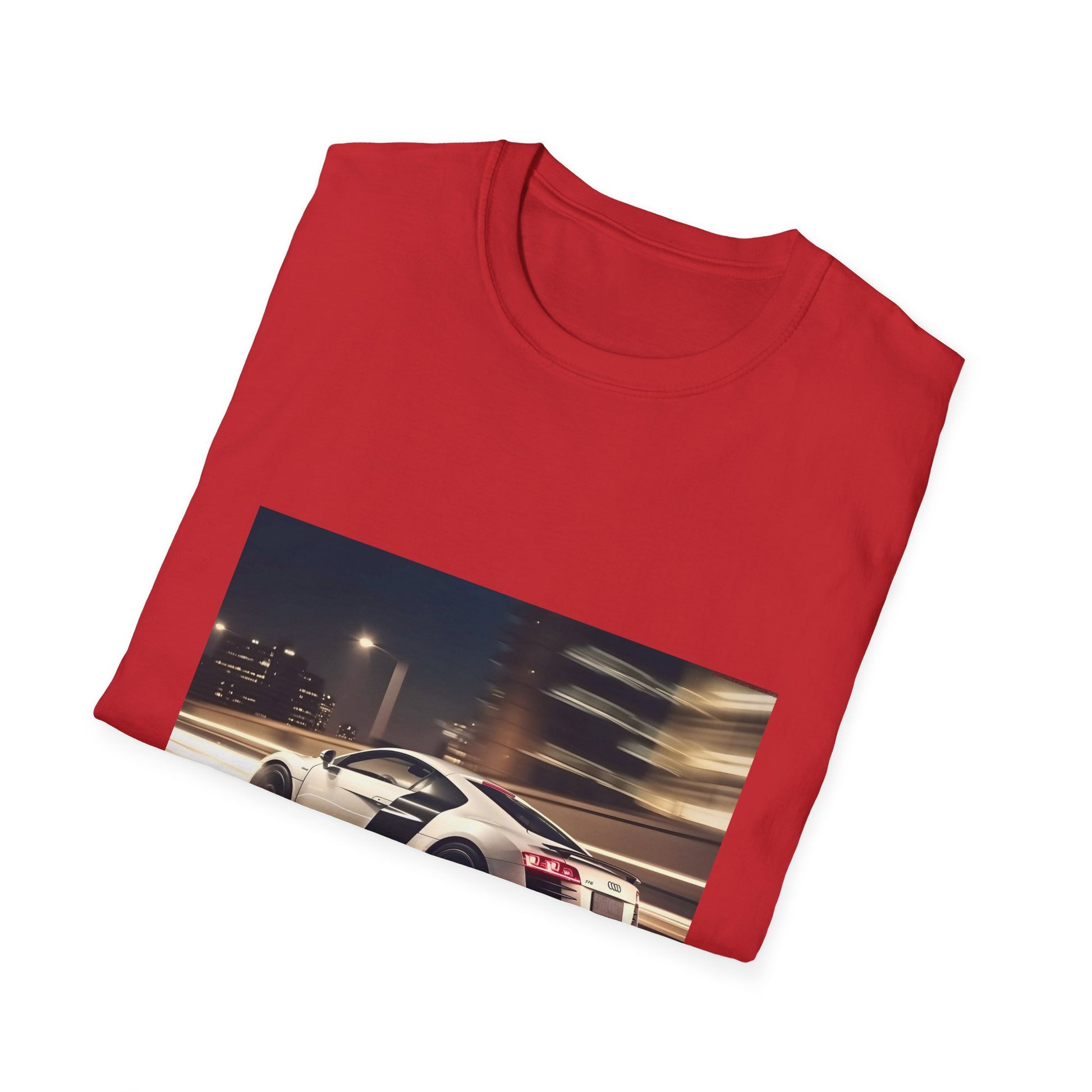 "Adrenaline Rush on Four Rings T-shirt featuring vibrant Audi R8 mid-race image, embodying speed and precision"