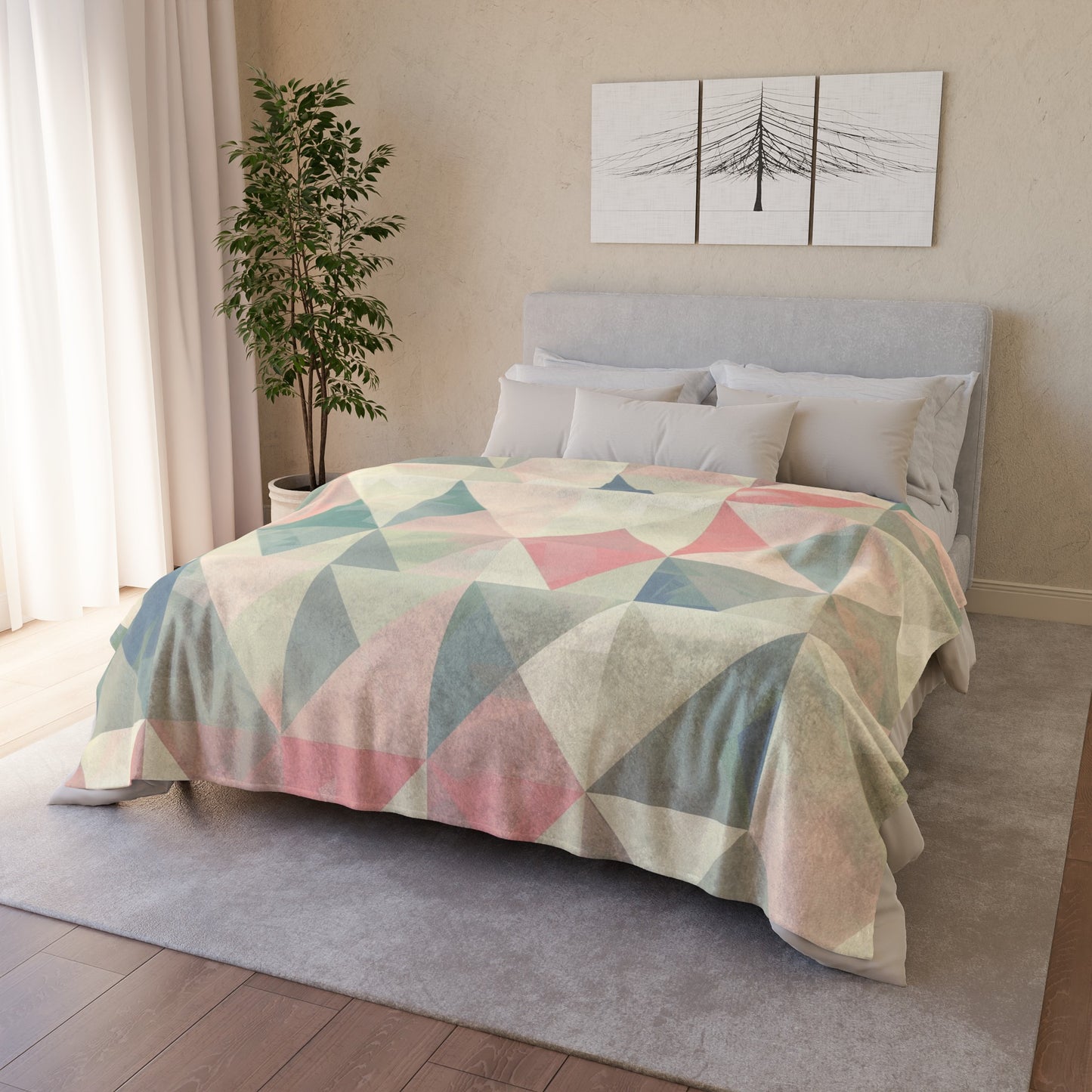 making it the perfect gift for yourself or a loved one. Add a touch of elegance to any room with this beautiful oil pastel-inspired design.

Indulge in the luxurious comfort of our Pastel Geometrics Blanket Collection