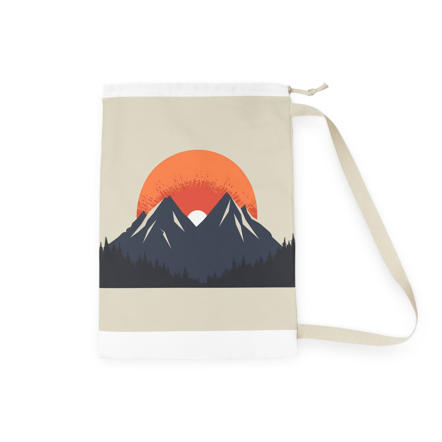 "Sunrise Mountain Laundry Bag - Minimalist design with rising sun over peaks, keep laundry organized in style"