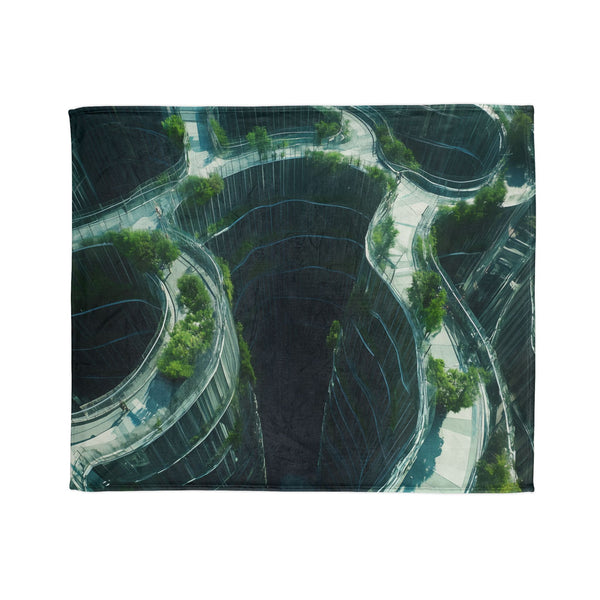 Glass Maze Growing Through Skyscrapers — Plush Fleece Throw Blanket — Draped Over Sofa & Bed Lifestyle View