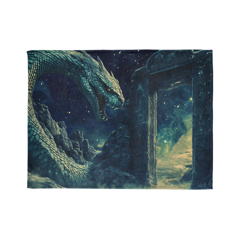 Cosmic Serpent Guarding Starlit Gate Plush Fleece Throw Blanket
