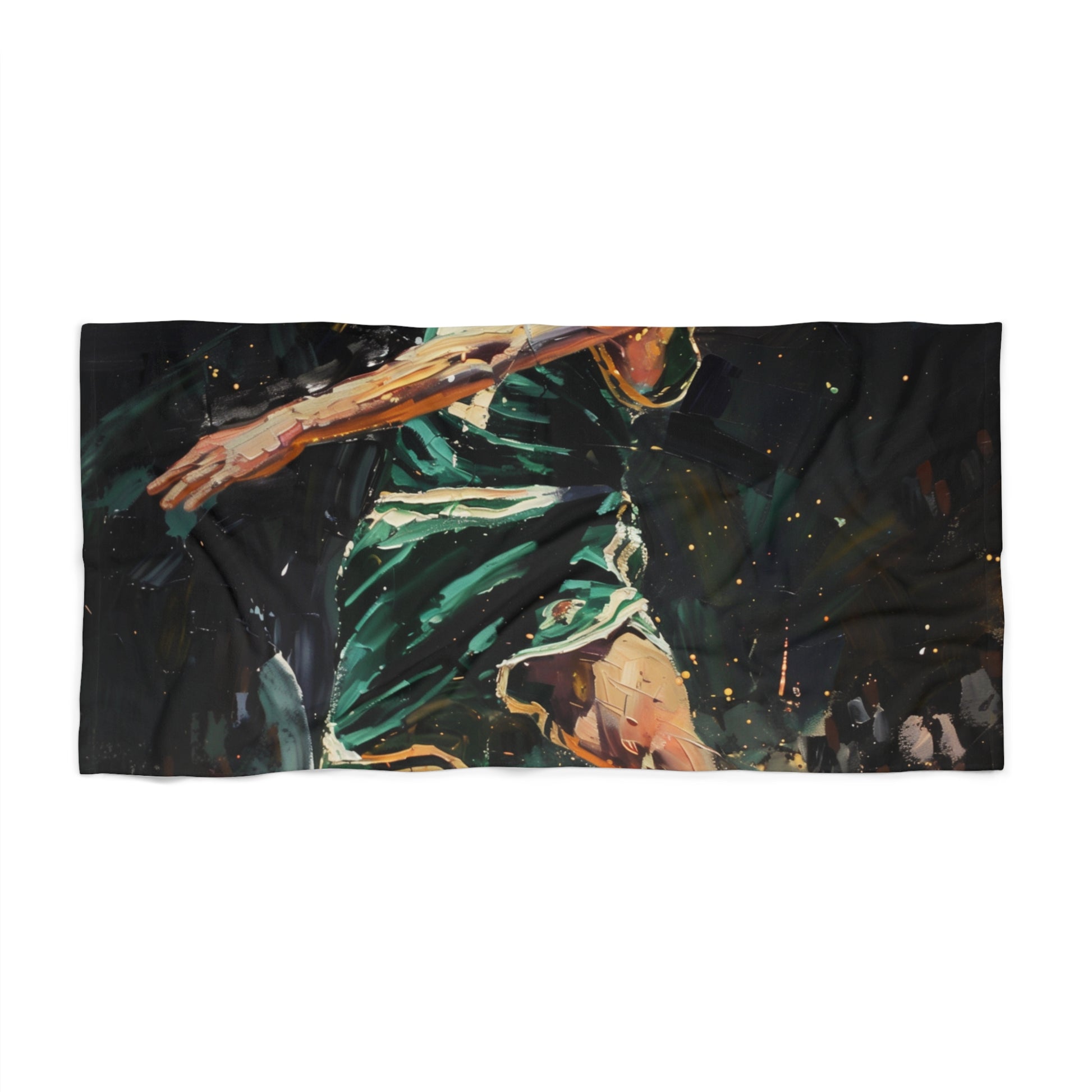 these towels showcase a stunning painting of the legendary player in his iconic Celtics jersey. Perfect for lounging in style by the pool or sea.