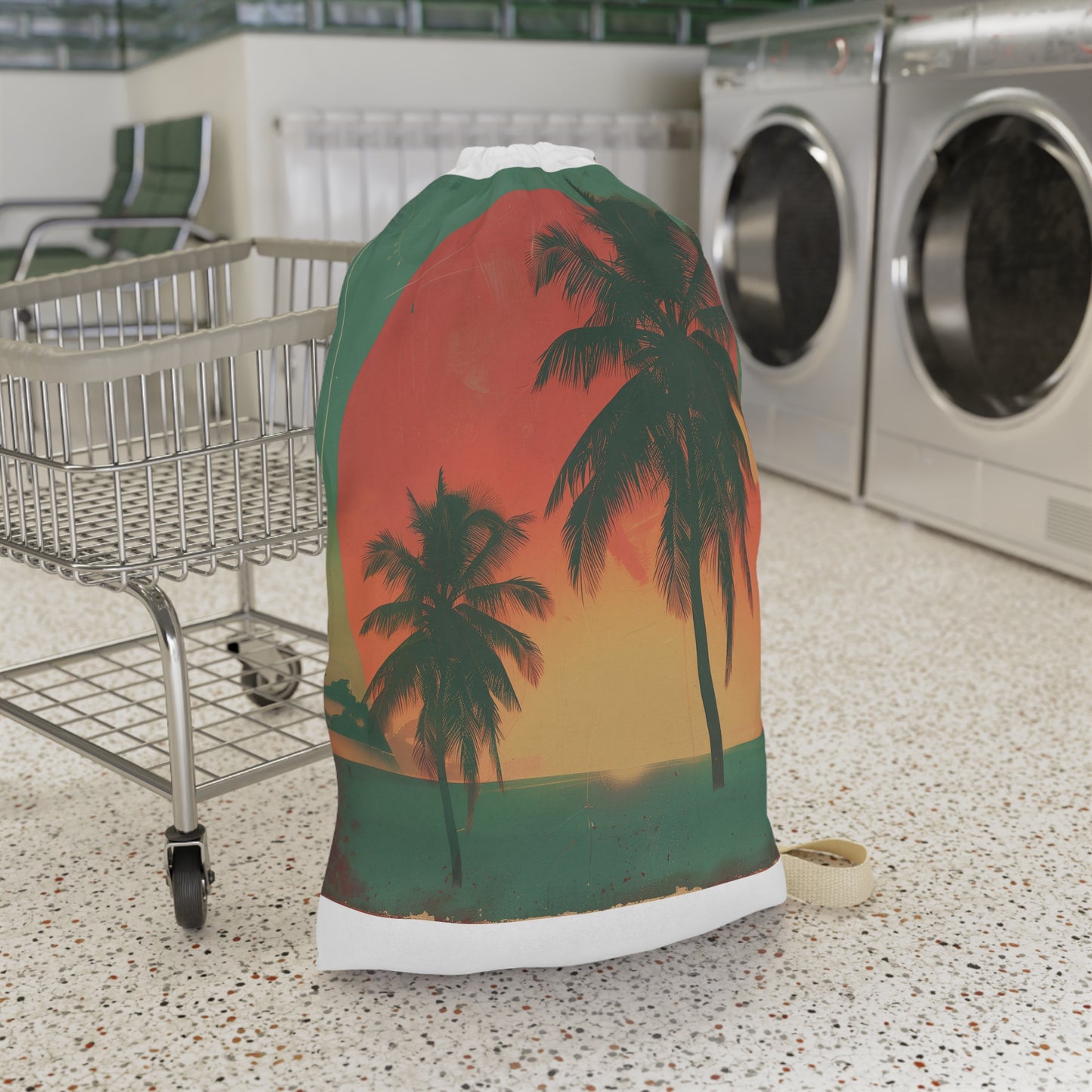 "Sunset Palm Tree Laundry Bag - Retro print design for stylish laundry storage"