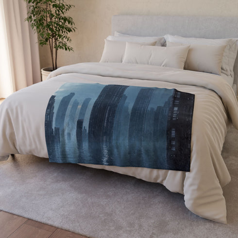 Data Towers Rising from Dark Sea Plush Fleece Throw Blanket