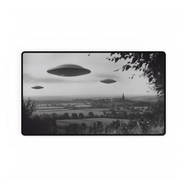 Retro UFO Invasion over Countryside — XL & XXL Desk Mat — Gaming & Workspace Desk Setup View