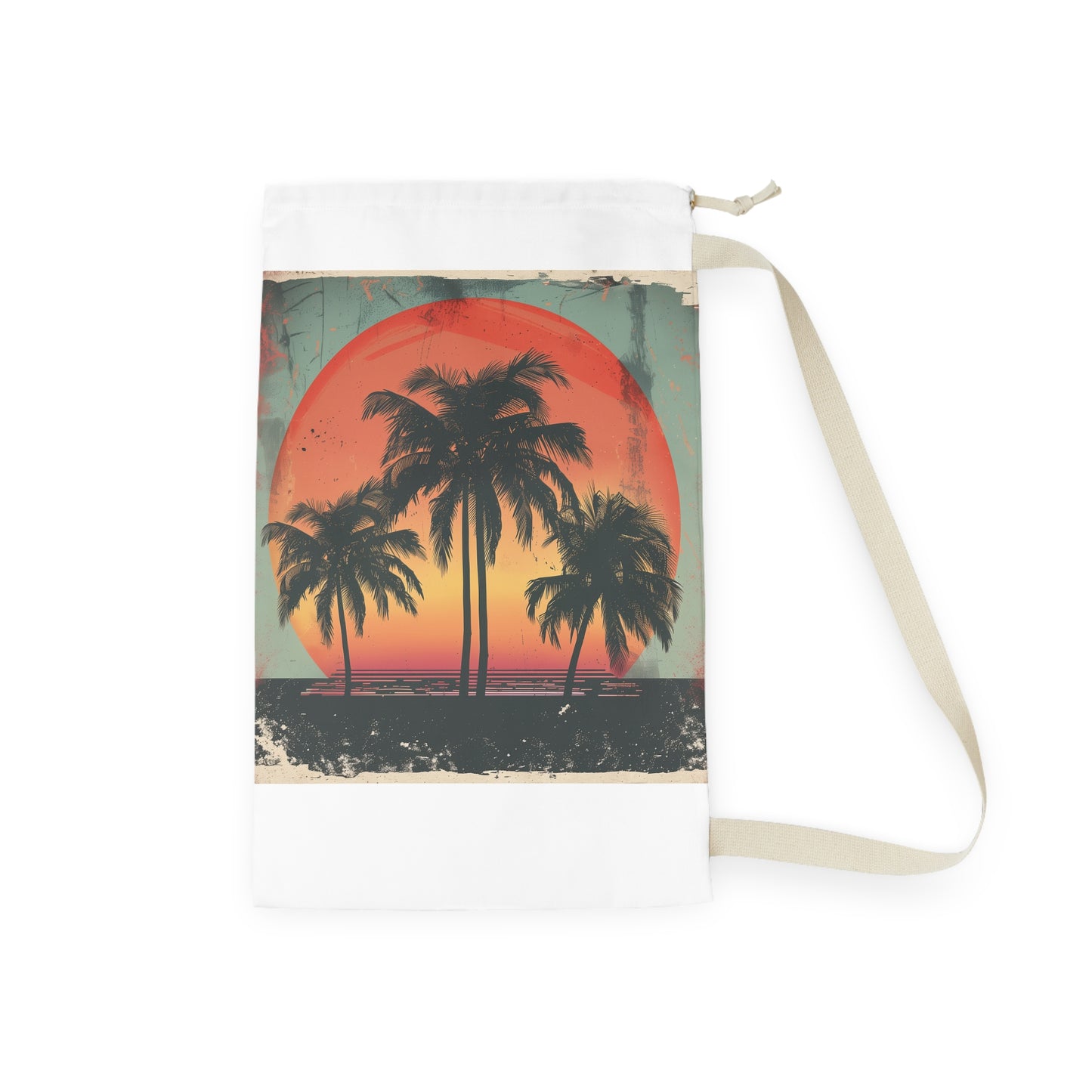 "Retro Sunset Palm Tree Laundry Bag - Stylish tropical laundry accessory for organized home decor"