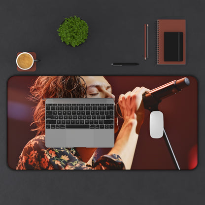 "Harry Styles singing desk mat - bring concert energy to your workspace with vibrant illustration, surf on music wave"