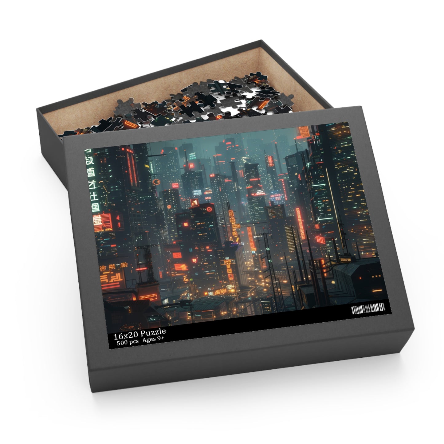 Neon Cyberpunk City Jigsaw Puzzle - Futuristic skyline with vibrant lights, perfect for sci-fi fans and puzzle lovers.