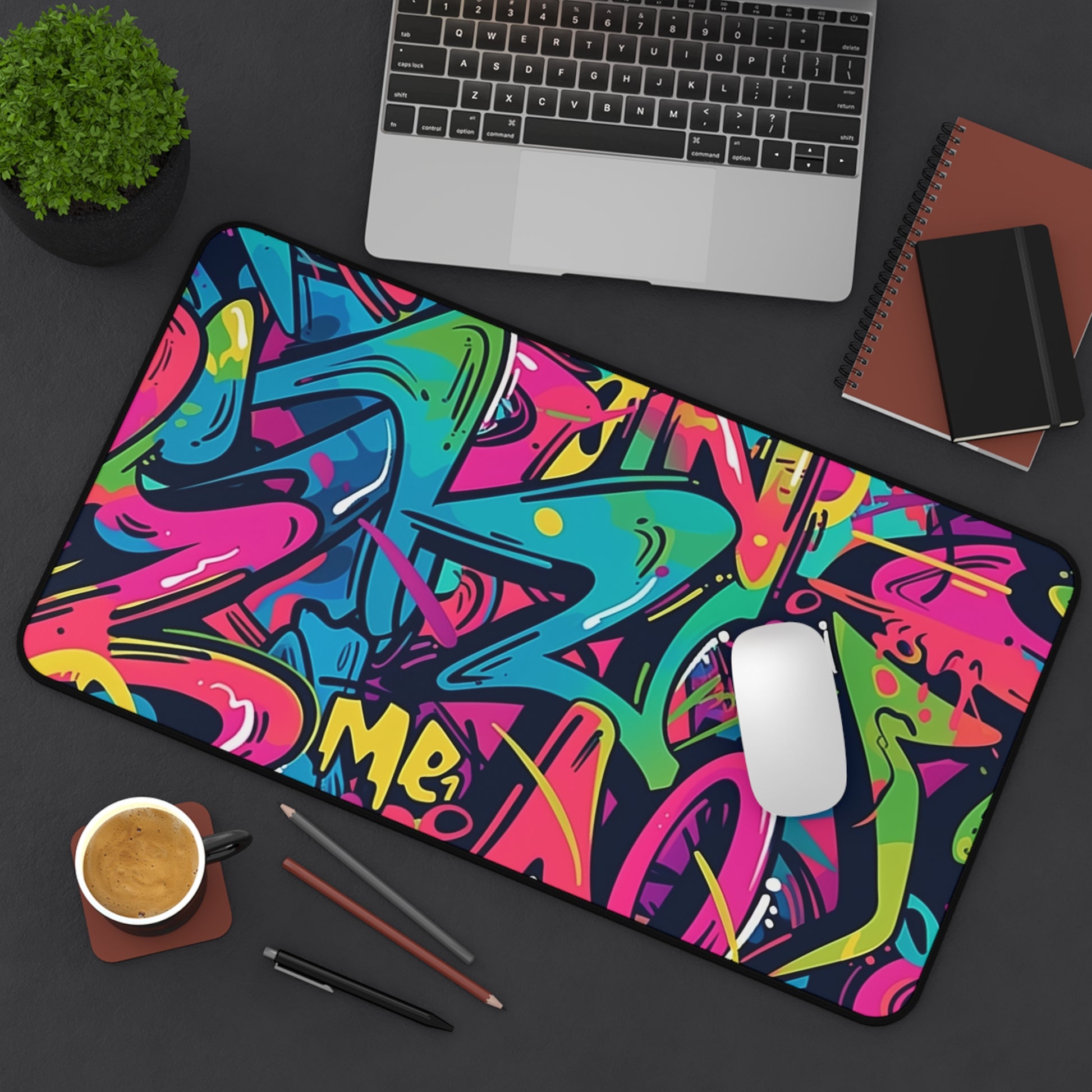 "Neon Urban Graffiti Desk Mat - Vibrant seamless pattern for stylish workspace protection"