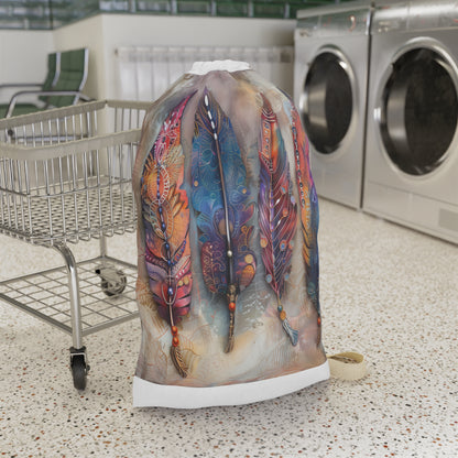 Boho feather laundry bag: Say goodbye to boring baskets with our stylish and durable laundry solution.