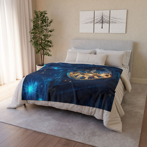 Clock Tower with Stars As Gears Plush Fleece Throw Blanket