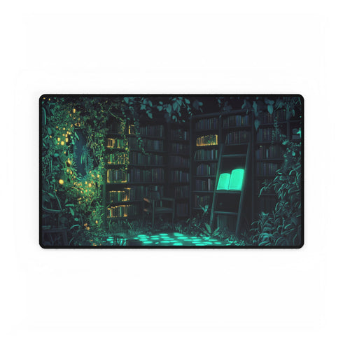 Overgrown Library with Glowing Books — XL & XXL Desk Mat — Gaming & Workspace Desk Setup View