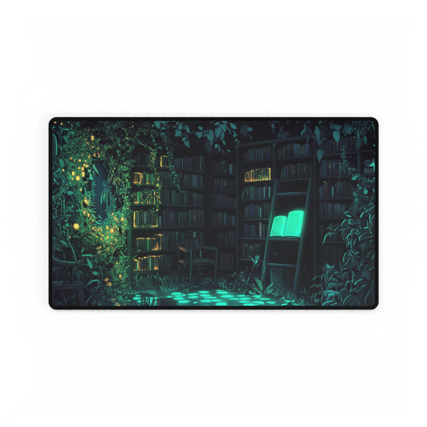 Overgrown Library with Glowing Books — XL & XXL Desk Mat — Gaming & Workspace Desk Setup View