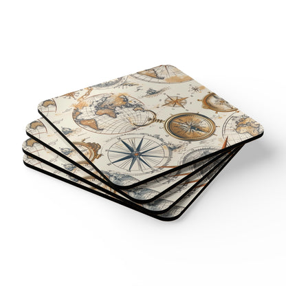 Wanderlust Corkwood Coaster Set: Vintage Maps Collection