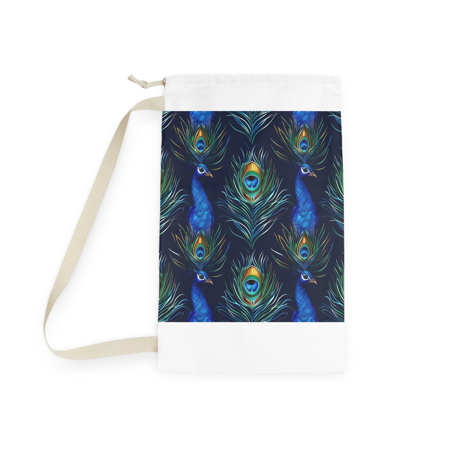 Elegant Peacock Blue Laundry Bag with Feathers Seamless Pattern - Add Luxury to Laundry Routine