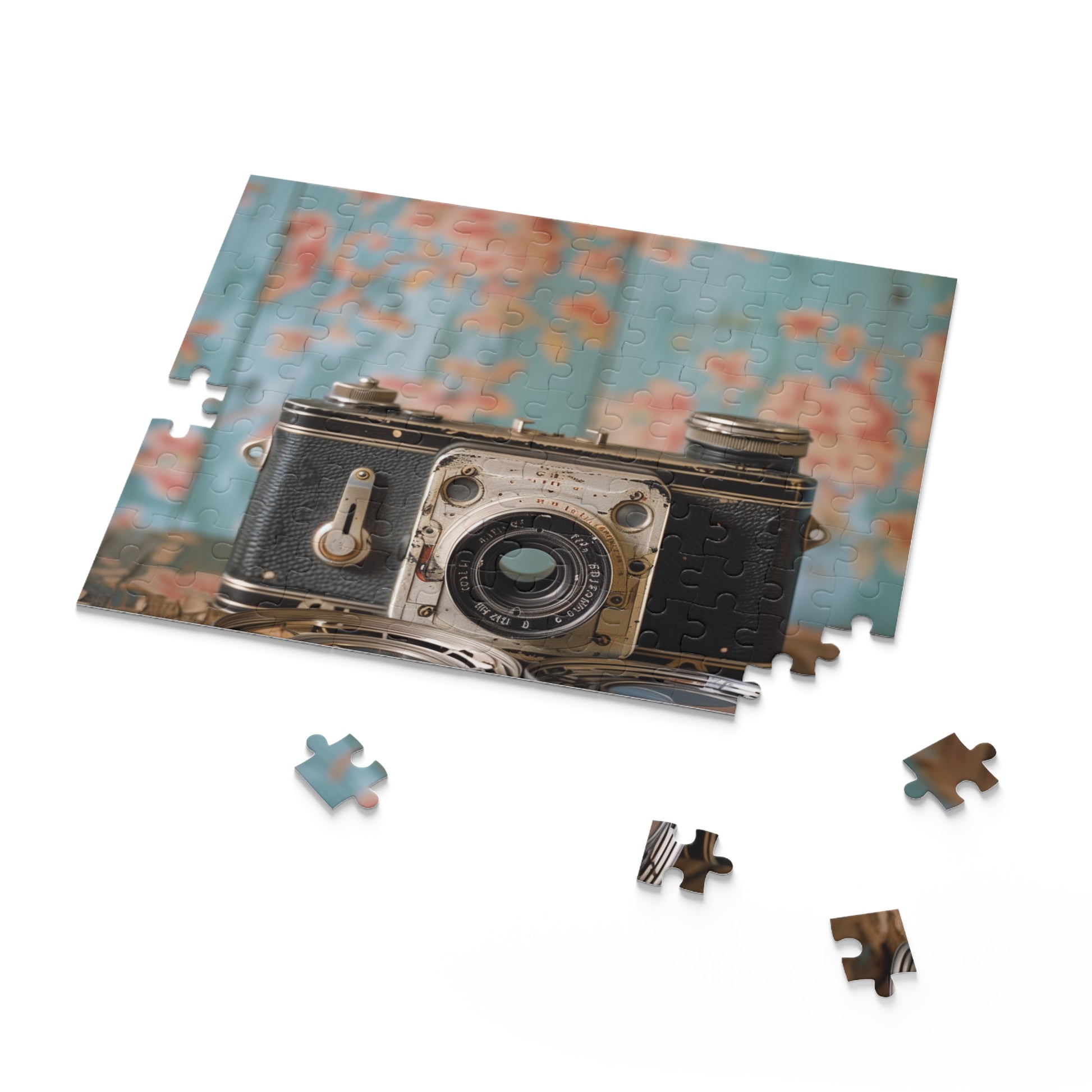 Vintage camera film reels jigsaw puzzle for photography enthusiasts and puzzle lovers, intricately detailed design.