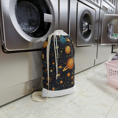 "Starry Night Laundry Bag with celestial pattern of stars and moons for enchanting laundry day magic"