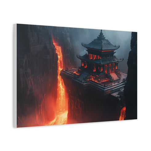 Levitating Temple Above Lava River — Canvas Wall Art — Side Profile & Stretched Corner Detail