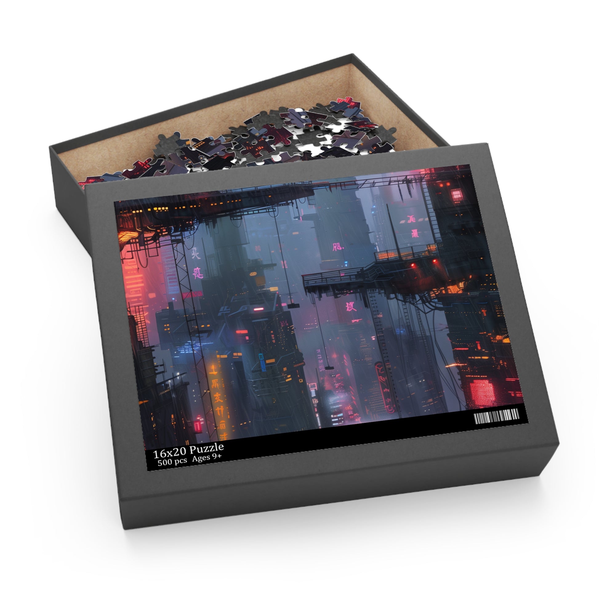 Challenging Cyberpunk Cityscape Jigsaw Puzzle with Neon-lit Streets and Skyscrapers