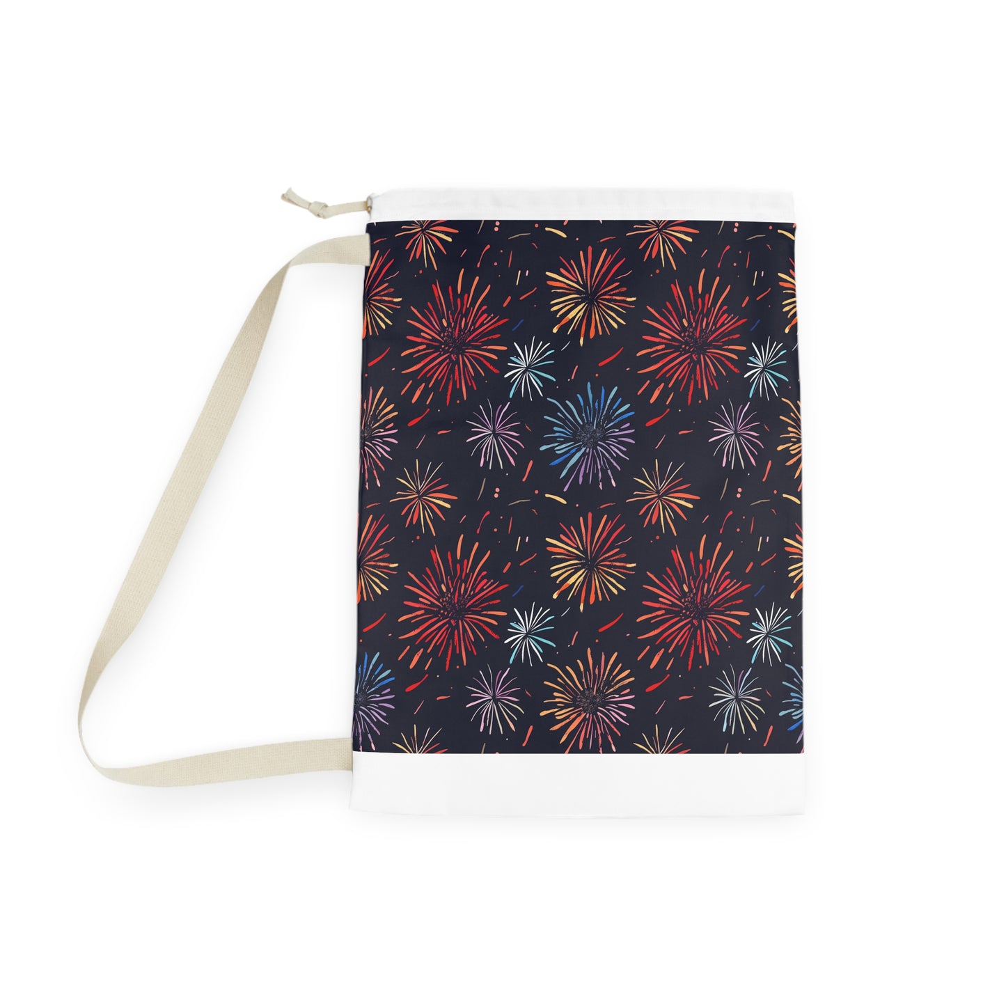 "Colorful fireworks festive laundry bag for organized and stylish laundry routine"