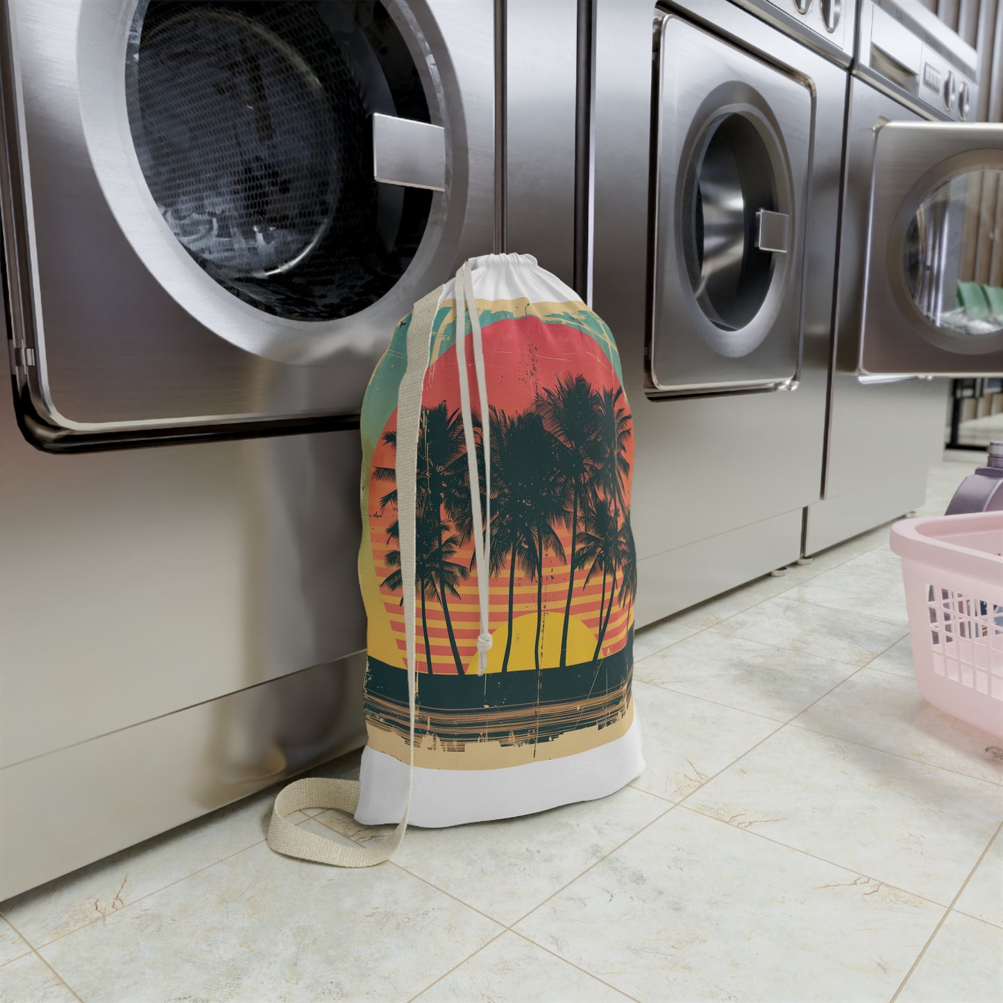 "Retro Sunset Palm Tree Laundry Bag - Keep laundry organized in style with vibrant palm trees design"