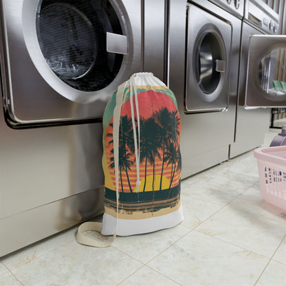 "Retro Sunset Palm Tree Laundry Bag - Keep laundry organized in style with vibrant palm trees design"