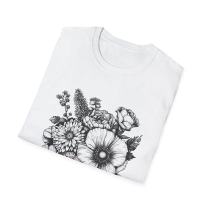 Blooming Brilliance: Hand-Drawn Floral T-shirt 
 Nature's Canvas: Hand-Drawn Botanical Symphony T-shirt