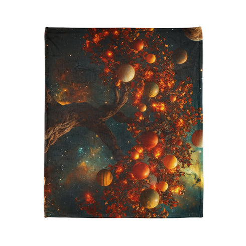 Tree with Planets Growing as Fruit — Plush Fleece Throw Blanket — Product Detail View 7