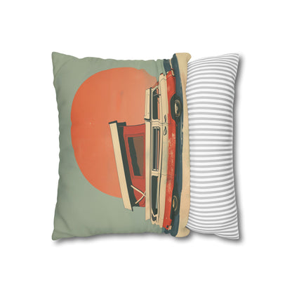 "Sunset Camper Dreams Pillowcase - High-quality, stylish pillowcase featuring a classic camper van under a beautiful sunset. Perfect for all seasons. Makes a great gift."