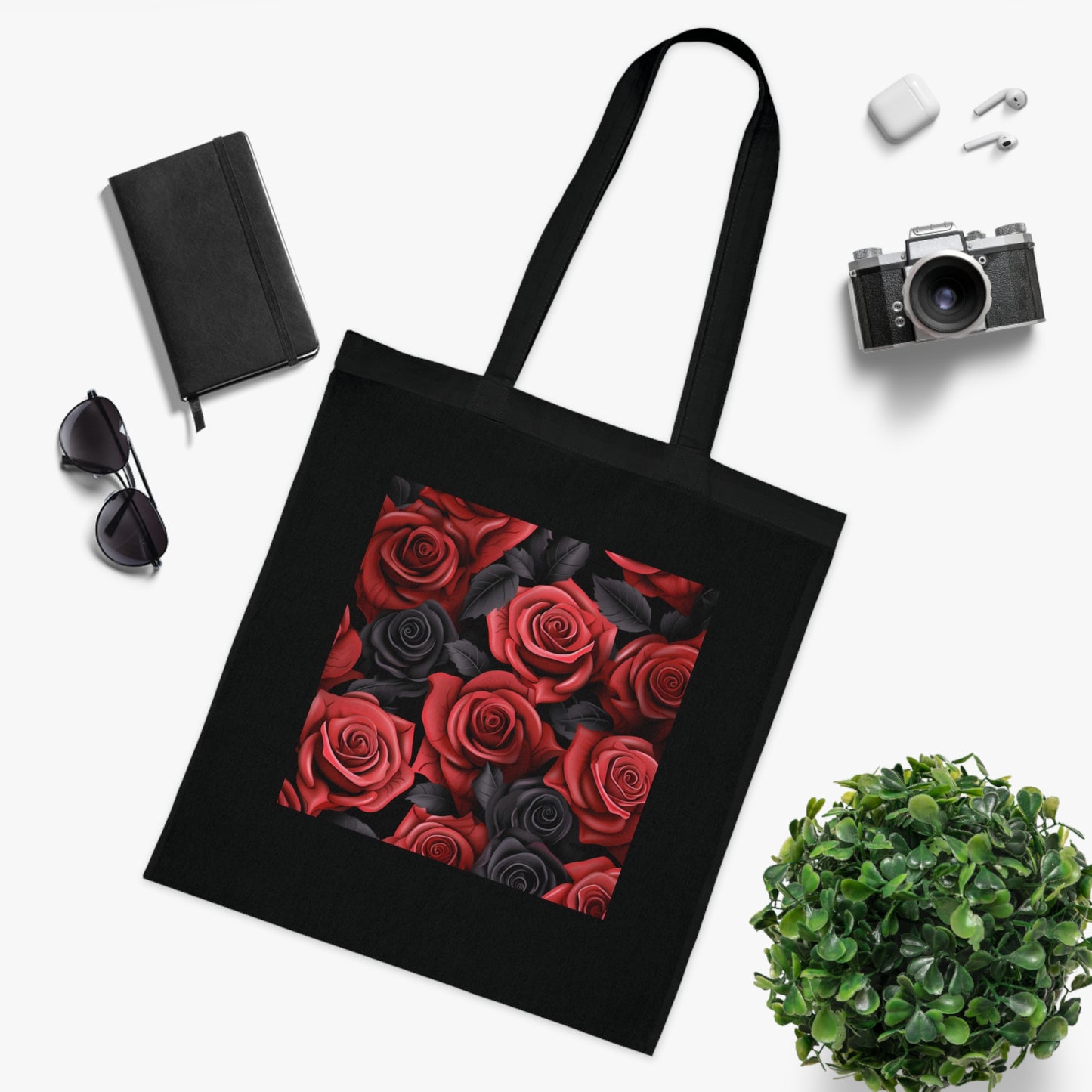 Alt text: 3D Rose Bloom Tote Bag featuring a bold seamless pattern of red, pink, and black roses in a modern, three-dimensional style. High-quality material, comfortable and stylish, perfect for all seasons, and makes a great gift. Stand out with this eye-catching tote! Visit our shop for more unique designs.