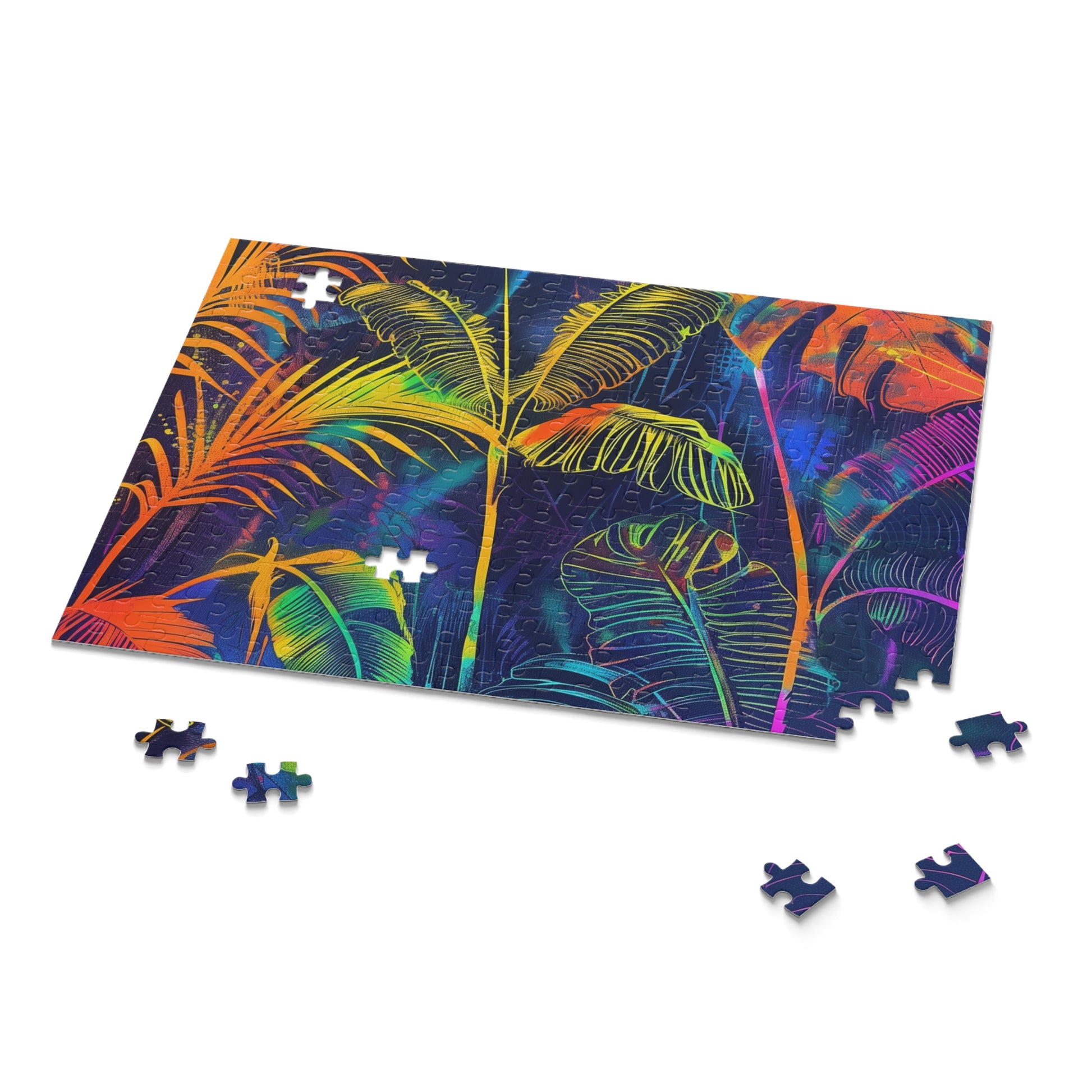 Neon Tropical Paradise Jigsaw Puzzle - Vibrant design with lush leaves and palm trees, perfect for relaxation and fun.