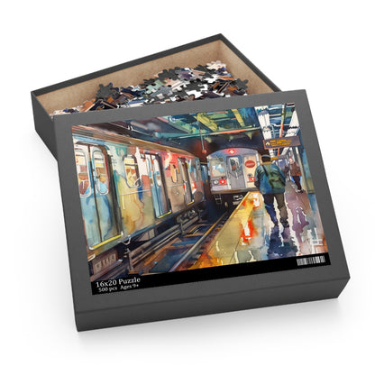 "NYC Subway Watercolor Puzzle - Explore vibrant city energy with this detailed jigsaw puzzle"