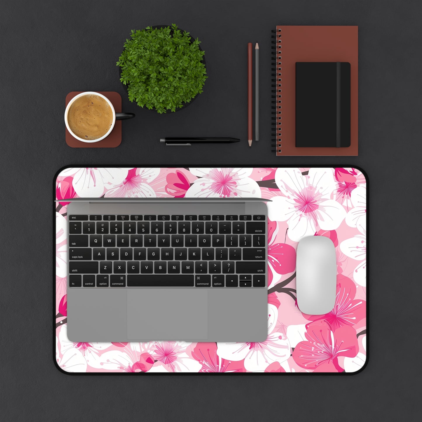 "Cherry Blossom Desk Mat: Tranquil pink and white petal pattern for elegant workspace decor"