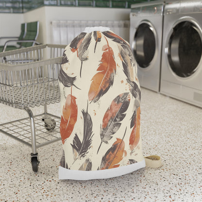 "Boho feather laundry bag with seamless pattern, ideal for bohemian style decor"