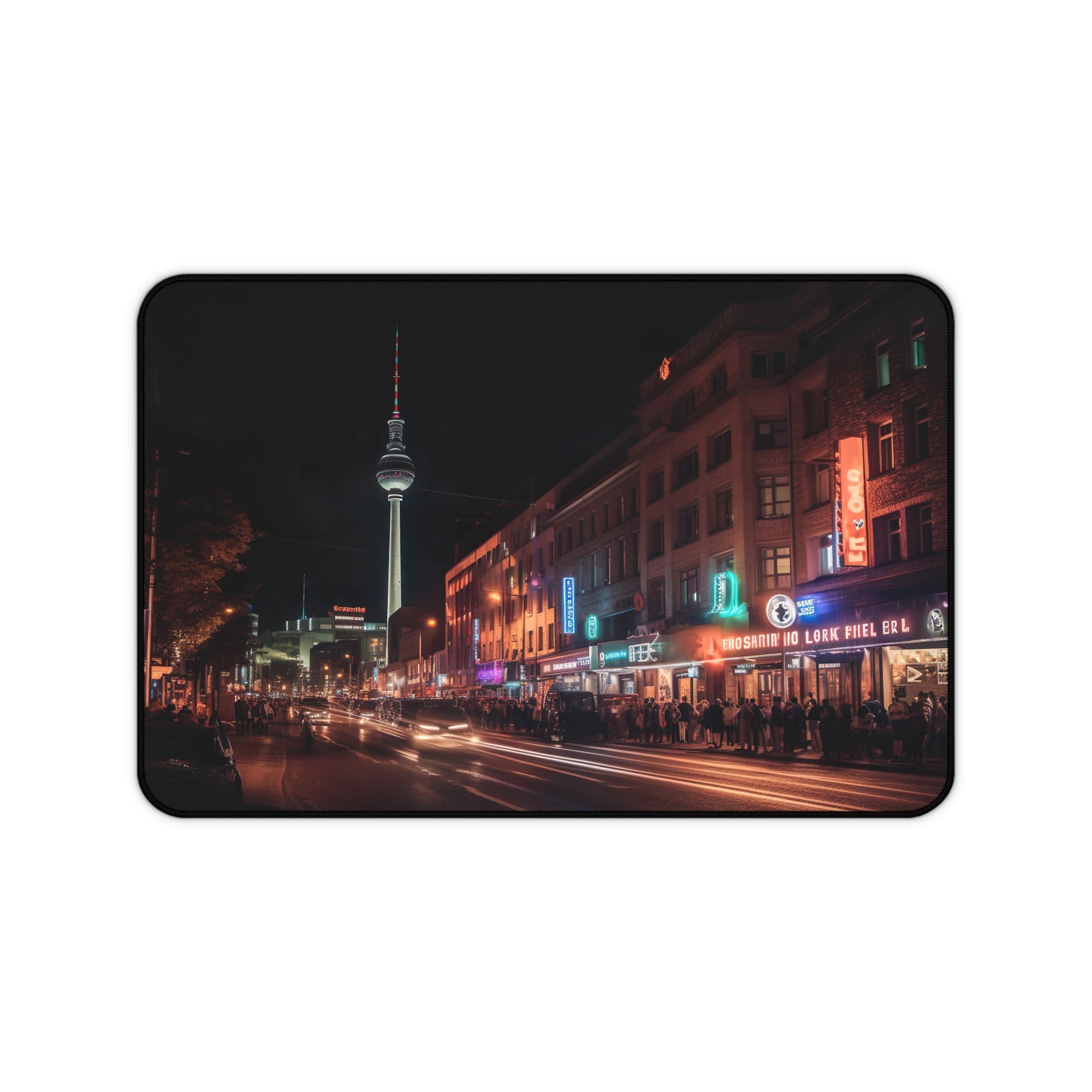 "Berlin Night Desk Mat - Urban sophistication with cityscape under starry sky - perfect for modern office"