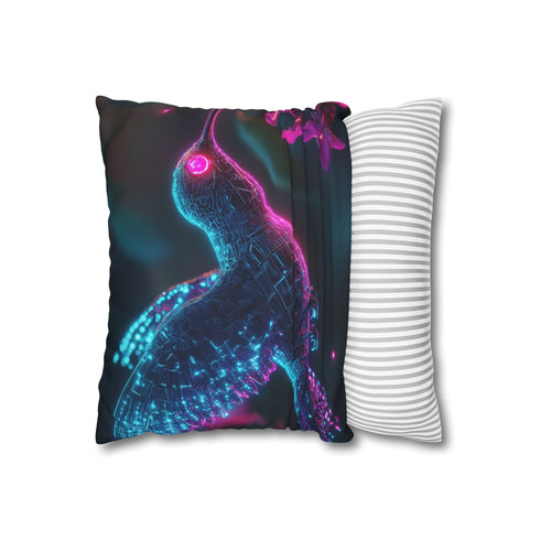 Cybernetic Hummingbird Near Neon Flowers — 40×40 Cushion Cover — Sofa & Living Room Lifestyle View