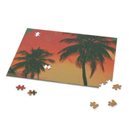 "Retro Sunset Palms Jigsaw Puzzle - vibrant tropical design for relaxation and mindfulness"