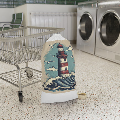 "Seaside charm lighthouse wave laundry bag for storing dirty clothes in style"