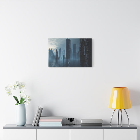Data Towers Rising from Dark Sea — Canvas Wall Art — Kiln-Dried Pine Frame & Ready-to-Hang Back View