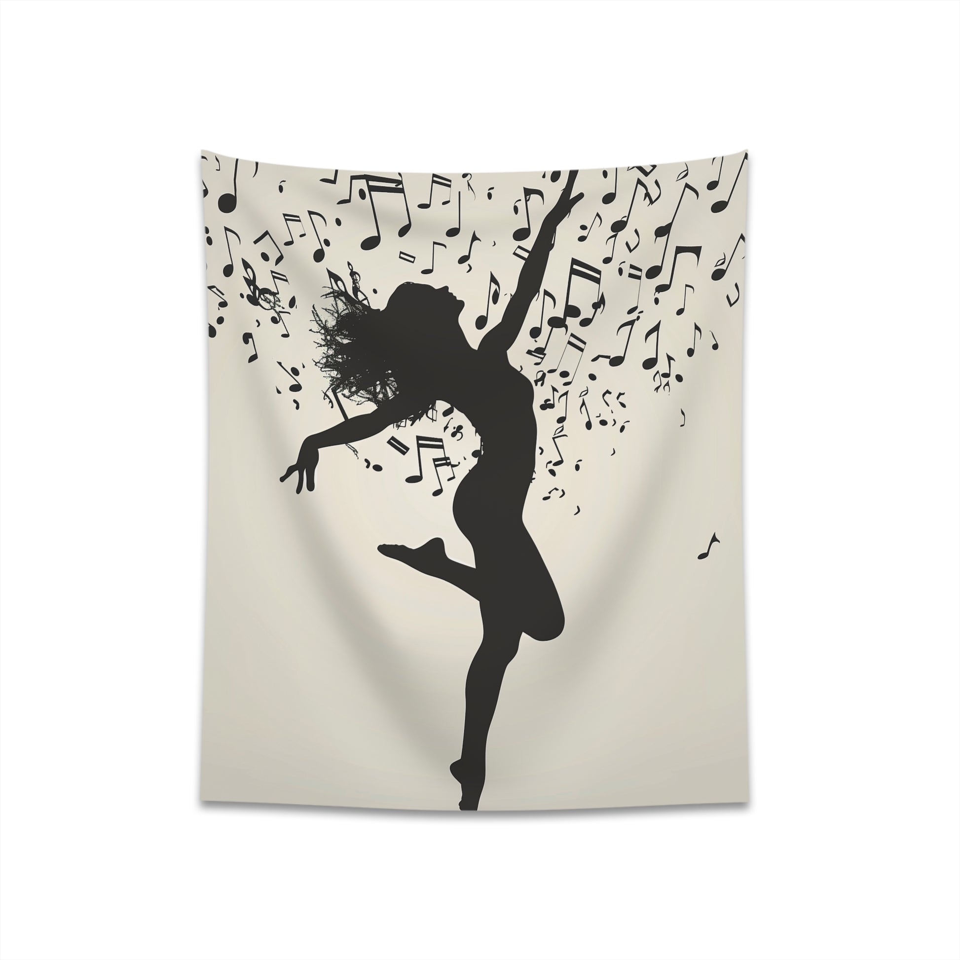 "Rhythm & Grace Dancer's Tapestry | Elegant silhouette intertwined with musical notes | High-quality & stylish | Perfect gift | 34" x 40", 57" x 57" | Shop now!"