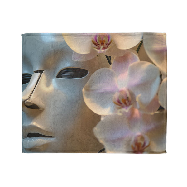 Robot Face Blooming with Orchids — Plush Fleece Throw Blanket — Draped Over Sofa & Bed Lifestyle View