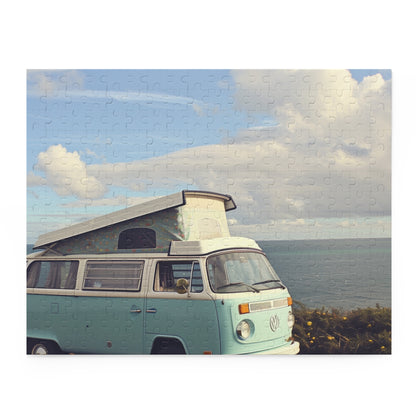 Vintage blue seaside camper van jigsaw puzzle - perfect for beach lovers and retro enthusiasts