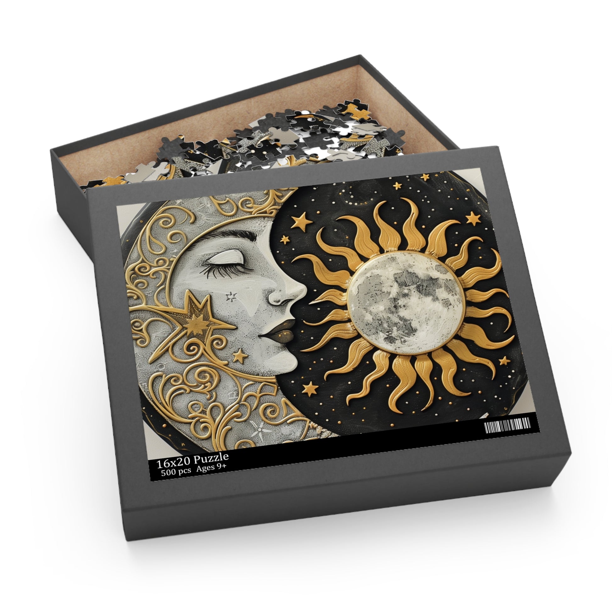 "Unwind with our Mandala Sun Moon Puzzle, a tranquil and intricate jigsaw design"