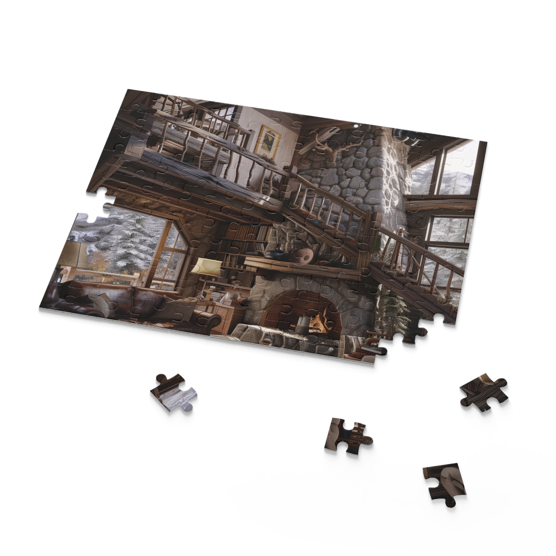 "Mountain cabin escape jigsaw puzzle for cozy nights in, rustic relaxation"