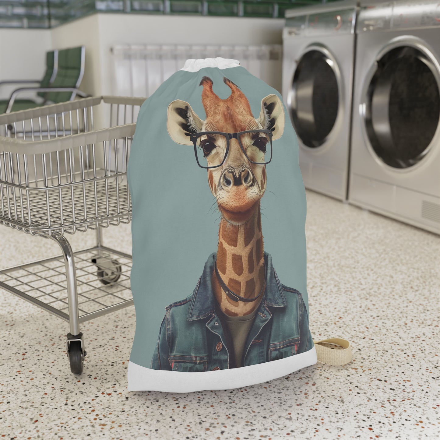 "Stylish Giraffe Hipster laundry bag with cool glasses design for organized clothes"