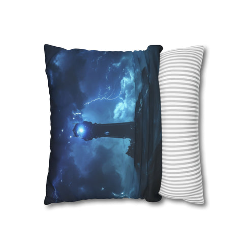 Radio Tower Channeling Lightning Storm — 40×40 Cushion Cover — Soft Brushed Fabric Texture Close-Up